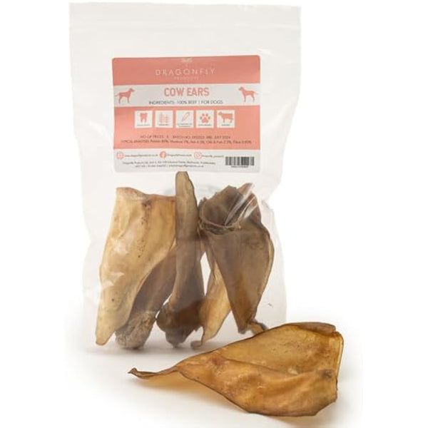 Dragonfly Products - 25 Pieces Air Dried Cows Ears Dog Treats | Natural Grain Free | Hypoallergenic & Low Fat | 100% EU | Dental Health | Gluten Free Whole Beef Ear Chew