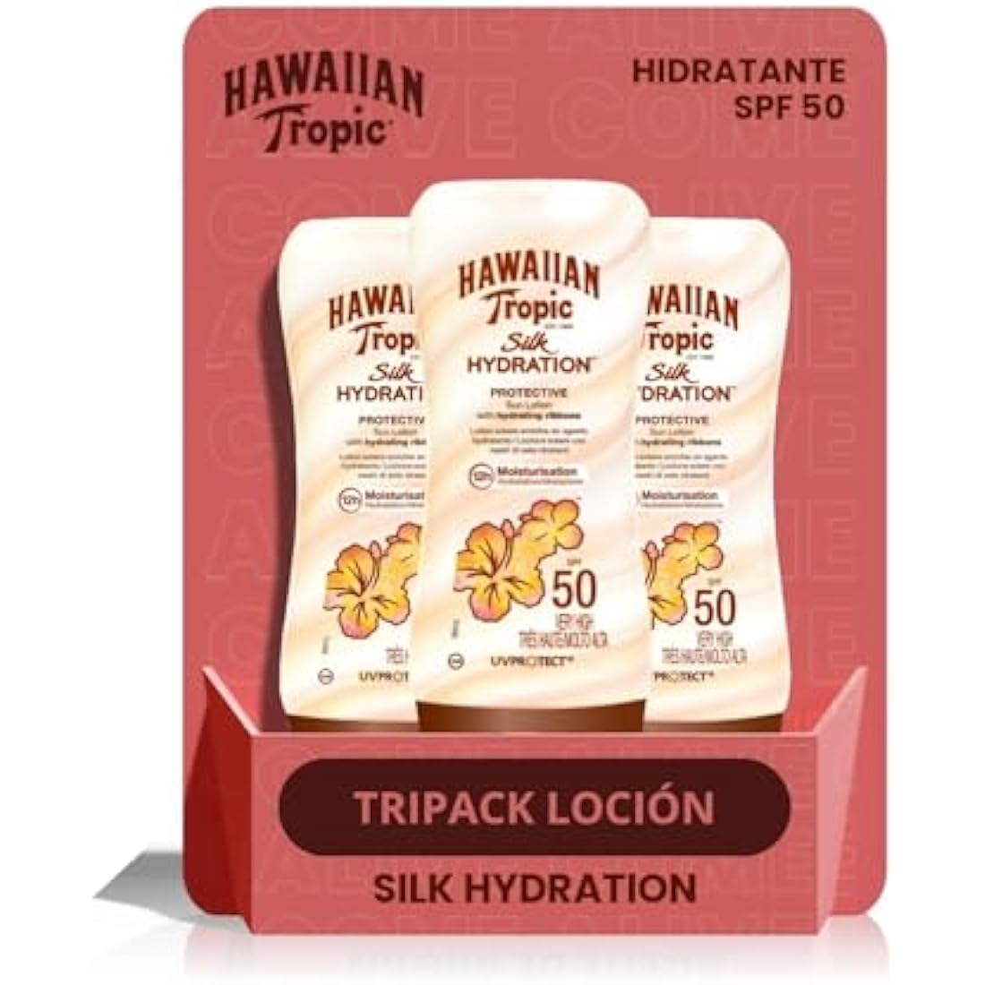 Hawaiian Tropic - Silk Hydration Protective SPF 50 - Protective Sun Lotion with Moisturizing and Water Resistant Silk Tapes, Tropical Sun Cream, Pack 3 units x 180 ml