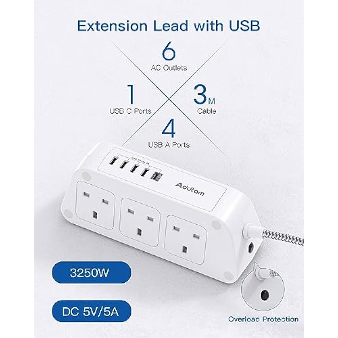 Addtam 3M Extension Cable, Extension Lead with 6 Way Outlets 5 USB(5A, 1 USB C and 4 USB A Ports), 3250W Overload Protection, 3M Braided Extension cord, Surge Protection Plug Extension Socket