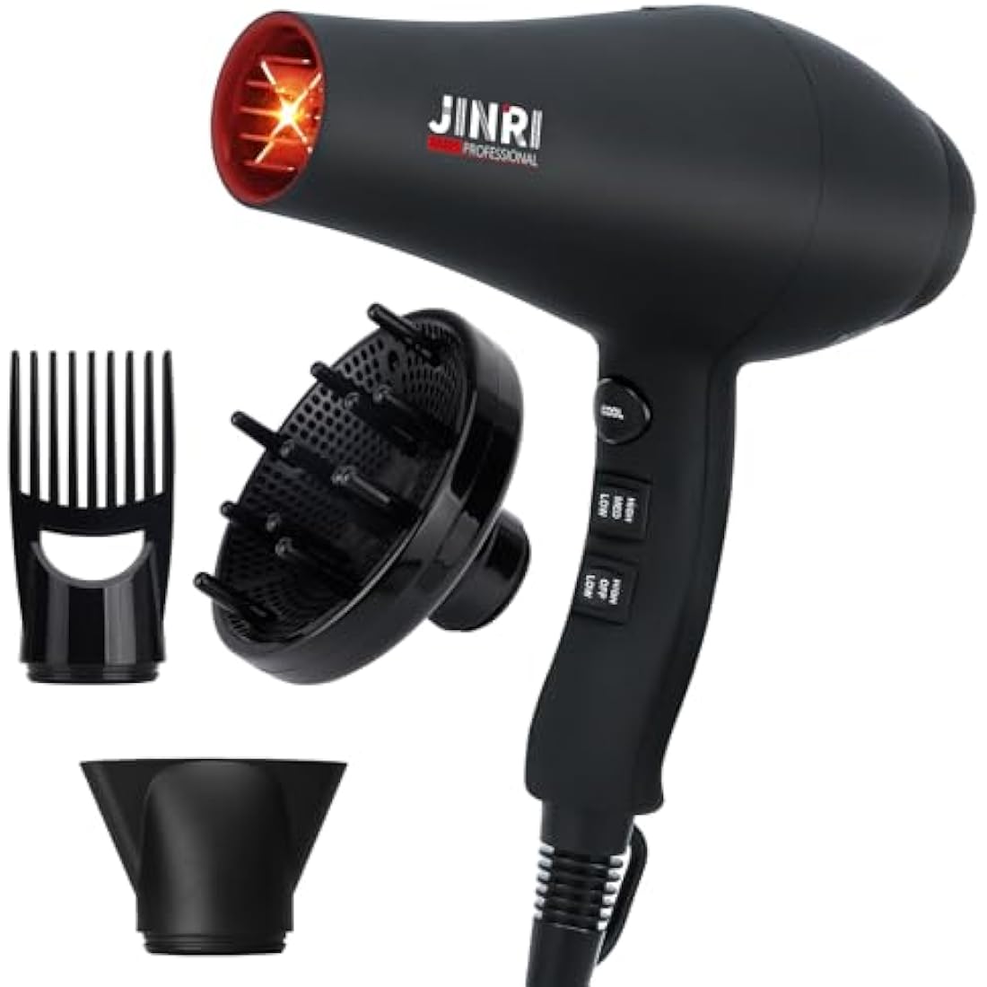 JINRI Hair Dryer, 2400W Professional Salon Hairdryer Negative Ionic Blowdryer Powerful AC Motor Quick Drying with 2 Speed 3 Heat, with Diffuser & Concentrator & Comb for Salon Hairstyles