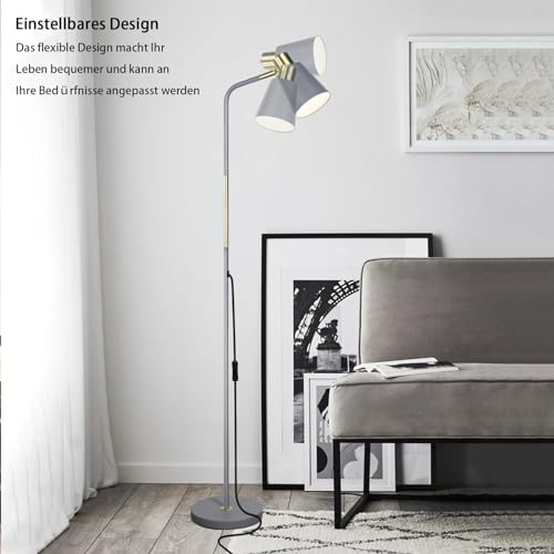 Floor Lamp, Industrial Floor Lamps Corner Lamp Rustic Farmhouse Standing Lamp, Adjustable Metal Heads Indoor Task Lighting Reading Floor Lamps for Living Room, Bedroom, E27 Socket (Grey)