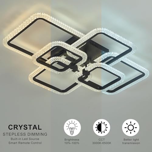 HIHIHOMY Modern LED Ceiling Lights for Living Room, Crystal Led Ceiling Light for Dining Room,Dimmable with Remote Ceiling Lamps for Kitchen,Black Flush Mount Led Ceiling Light with 6 Square Frame