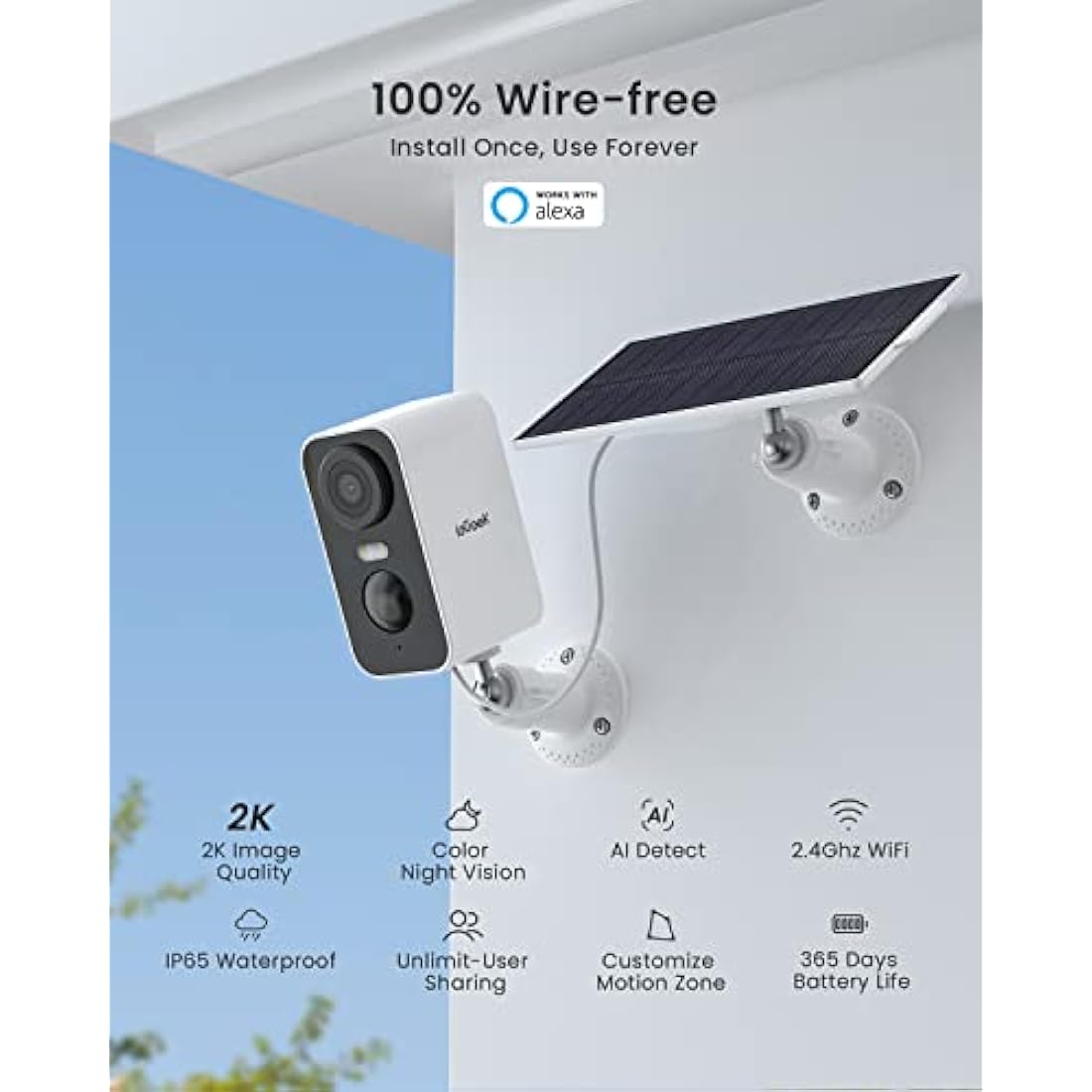 ieGeek No Monthly Fee 2K Solar Security Camera Outdoor Wireless with Color Night Vision, Battery CCTV Camera Systems, WiFi Outdoor Camera Home Security Camera, Sound Floodlight Alarm, Motion Detection
