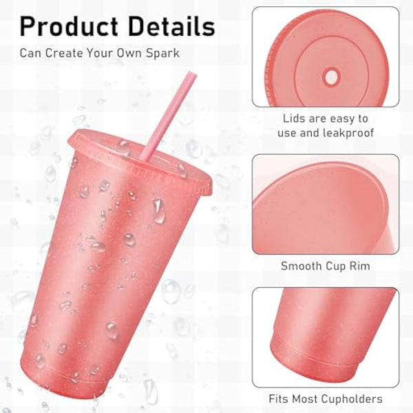 24 Pcs Reusable Cups with Lids and Straws 24 oz Glitter Iced Coffee Tumbler Plastic Travel Mug Cup for Smoothie Juices Birthday Sleepover Party Supplies (Light Pink)