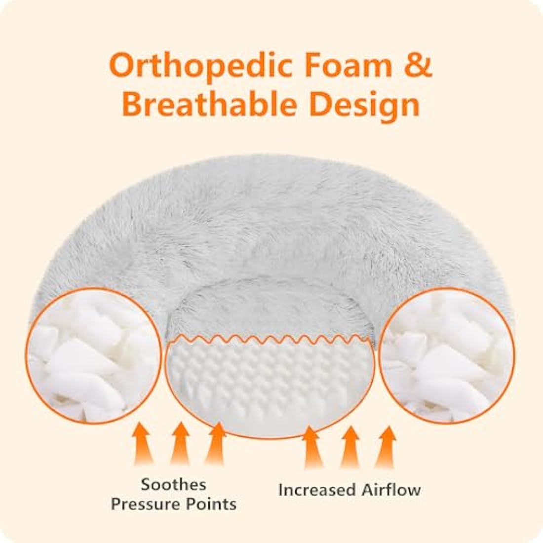 HMTOPE Dog Bed Round Orthopedic Dog Cushion Egg Crate Foam Dog Sofa Cat Bed Donut Cosy Dog Basket Washable (80 × 80 × 20cm, Light Grey)