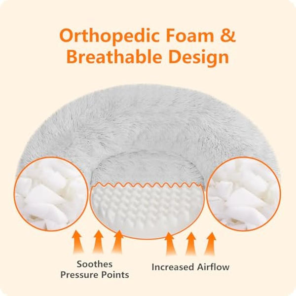 HMTOPE Dog Bed Round Orthopedic Dog Cushion Egg Crate Foam Dog Sofa Cat Bed Donut Cosy Dog Basket Washable (80 × 80 × 20cm, Light Grey)