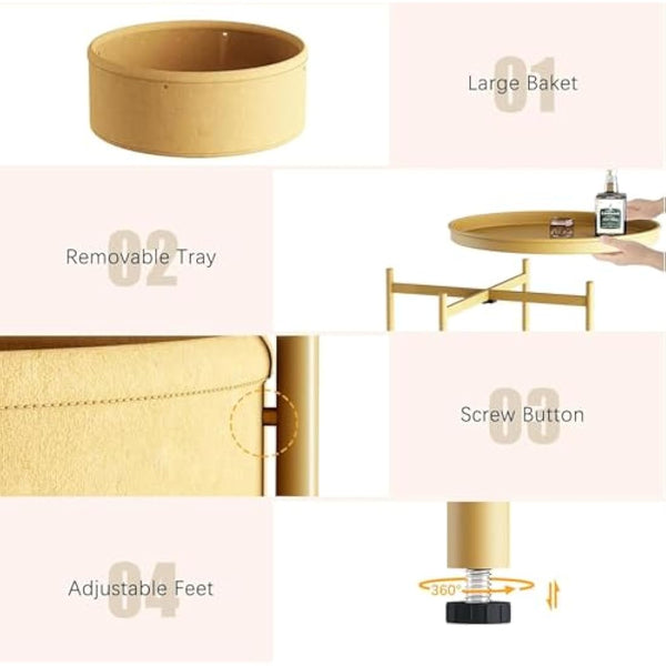 Huhote Side Table, Round End Table with Fabric Basket, Small Bedside Table, Nightstand Sofa Table for Living Room, Bedroom, Bathroom, Balcony, Modern Style (Gold)