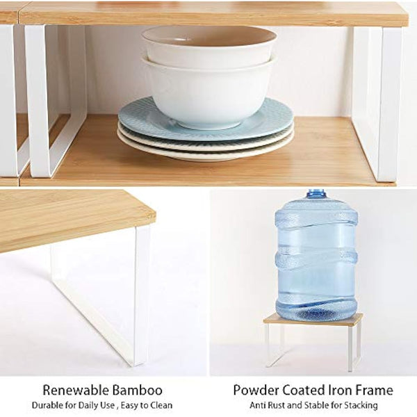 4-Pack Bamboo Kitchen Shelf Organizer for Cabinet, Expandable & Stackable Counter Cupboard Organiser, Storage Rack for Bathroom, Kitchen, Laundry Room White