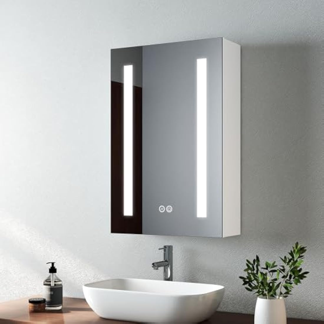 EMKE Led Bathroom Mirror Cabinet, Bathroom Wall Mirror Cabinet with Led Lights with Shaver Socket, Illuminated Mirror Cabinet with Anti Fog, Dimmable & 3 Colors, Memory Function 40L x 60H x 14.5D cm
