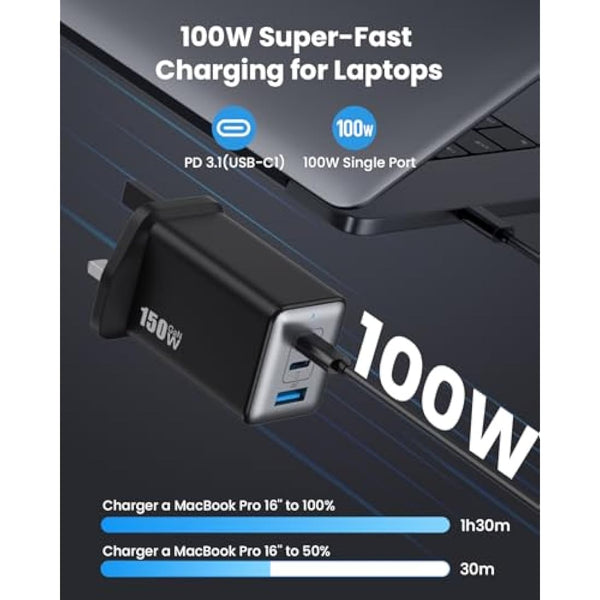 150W USB C Charger, 3-Port USB C Plug Fast Charger, GaN III Compact Wall Charger, 100W Laptop Charger for MacBook Pro/Air, Dell, iPad, iPhone 16 Pro/15, Galaxy S24, Pixel 9, Steam Deck,etc