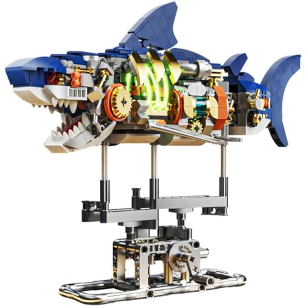 INSOON Shark Building Set with Swingable Body & Light, 687 PCS Sea Animal Building Block Toy with Display Stand, Home Decor Collection Brick Kit for Adults, Creative Gift Idea for Kids Boys Ages 12+