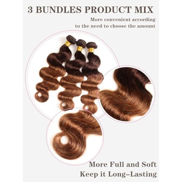 2 Tone Ombre Brazilian Body Wave Hair 3 Bundles Brazilian Remy Virgin Human Hair Weave Bundles 100% Unprocessed Body Wave Human Hair Extensions T4/30 Medium Brown/Medium Auburn(14 16 18)
