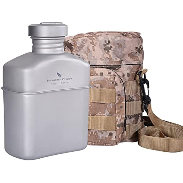 iBasingo Titanium Military Canteen Cups Set Camping Cookware Mess Kit 1100ml Large Capacity Feldflasche German Water Bottle Mug Lightweight Outdoor Backpacking Cookset with Pouch
