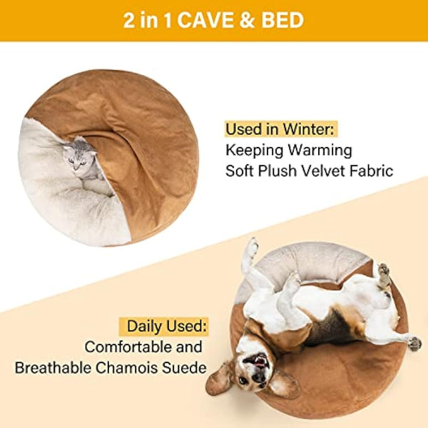 MICOOYO Hooded Dog Bed Large， Cozy Donut Dog Blanket Bed for Doggie, Claming Pet Caved Bed for Cats Puppies (Large, Wheat)