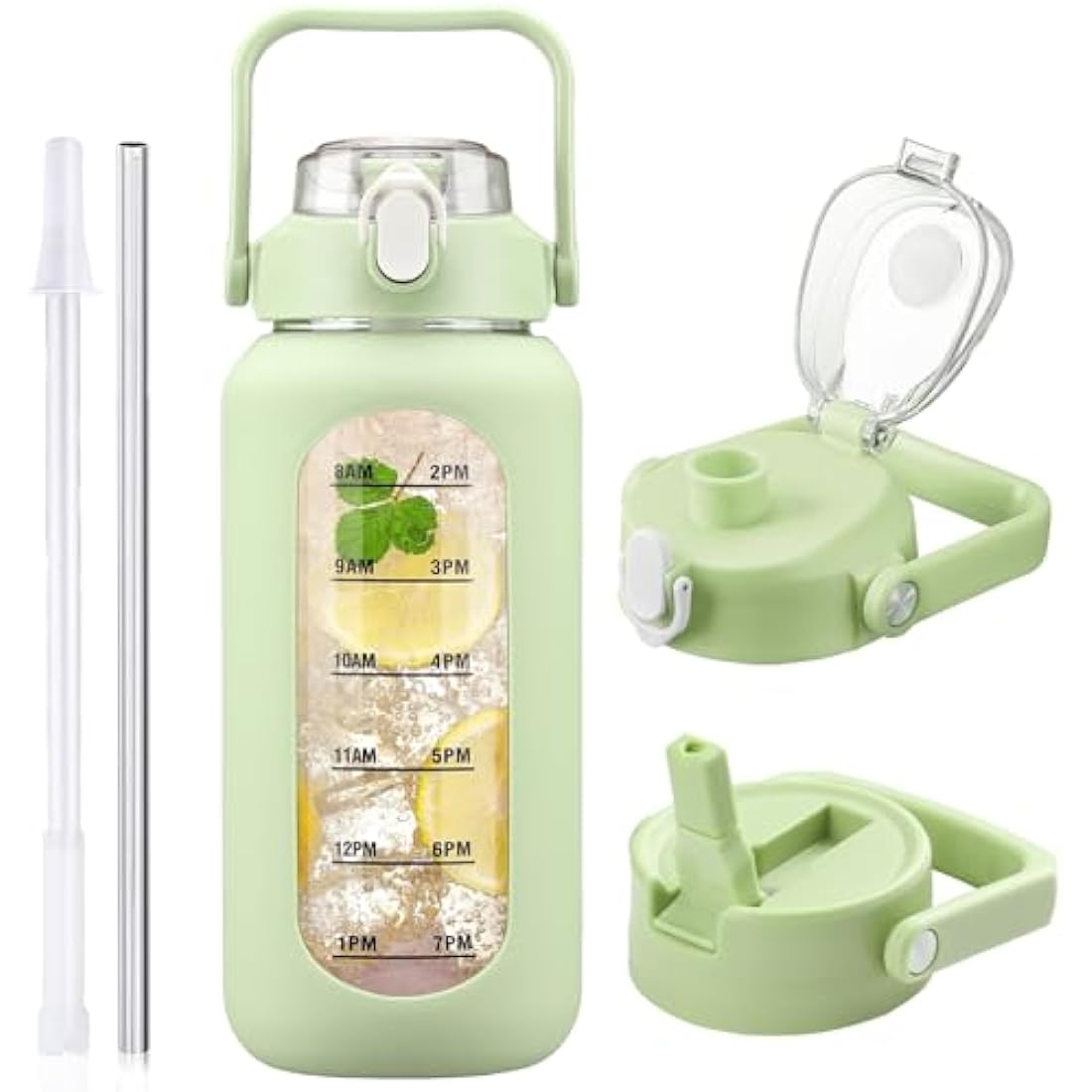 HYDRAGLAZIC 2L Glass Water Bottle with 2 Lids Flip and Chug Lids 2 Liter Large Water Jug with Time Marker and Silicone Sleeve BPA Free Leak-proof for Sports Gym, Light Green