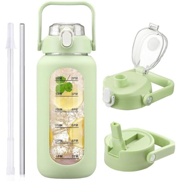 HYDRAGLAZIC 2L Glass Water Bottle with 2 Lids Flip and Chug Lids 2 Liter Large Water Jug with Time Marker and Silicone Sleeve BPA Free Leak-proof for Sports Gym, Light Green