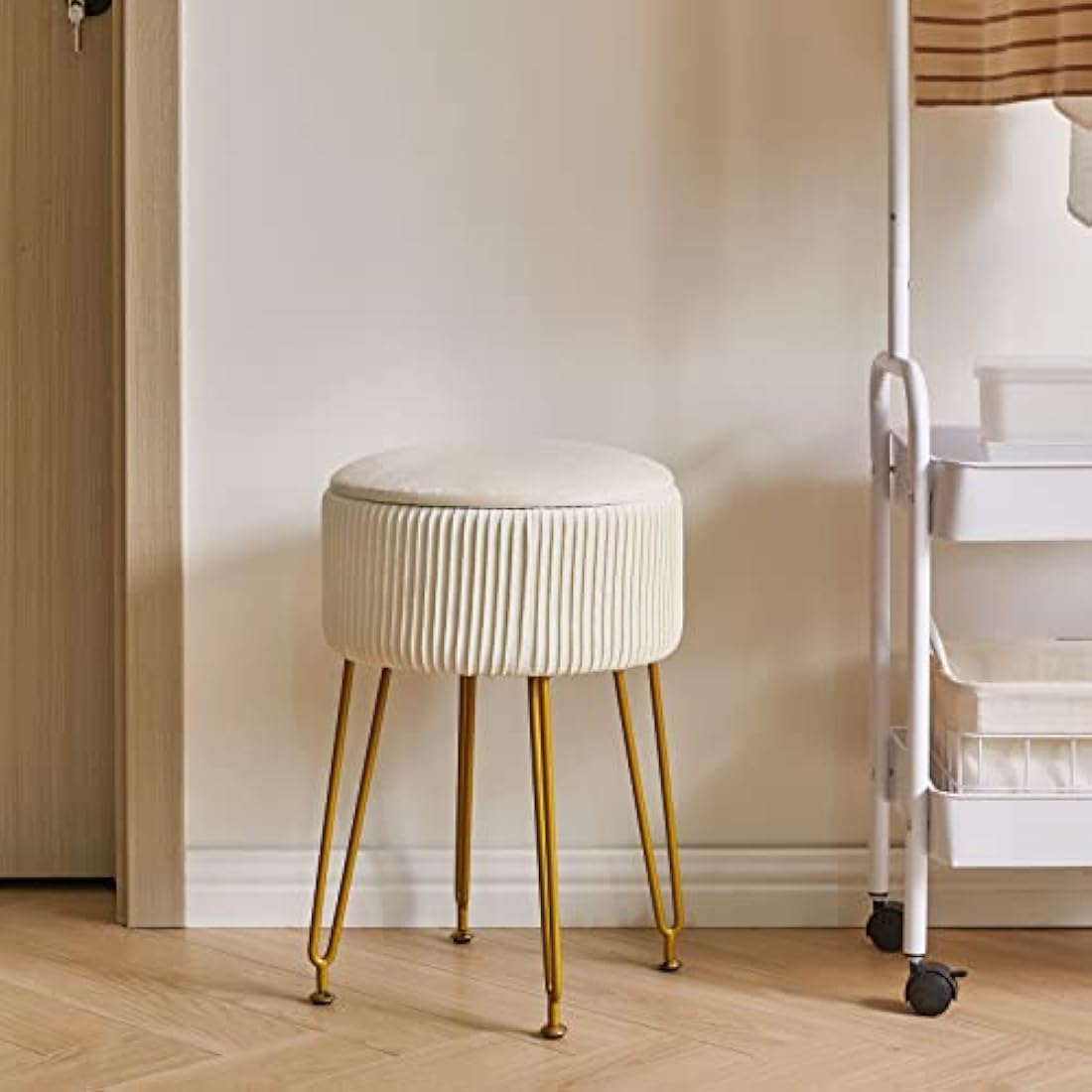 IBUYKE Velvet Storage Footrest Stool Ottoman, Makeup Vanity Stool Side Table with Golden Steel Legs Removable Cover, Coffee Table Top Cover, Creamy-White L/G-20M