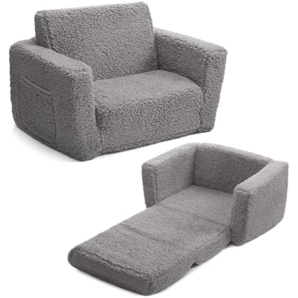 BEJOY Kids Sofa Bed 2-in-1 Flip Out Cuddly Sherpa Toddler Couch Convertible Chair to Lounger Children Sofa Bed Children's Day and Birthday Gift for Girls Boys, Grey
