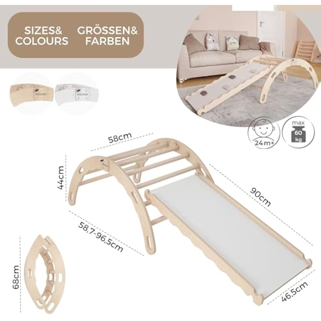 MAMOI® Indoor climbing frame for toddlers, Wooden baby gym, Play gym rocker toys made of wood for toddler, Rockers climbing frame