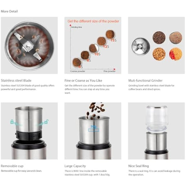 DR MILLS DM-7452 Electric Dried Spice and Coffee Grinder, Grinder and Chopper,Detachable Cup, Dishwasher Safe, Blade & Cup Made with SUS304 Stainless Steel