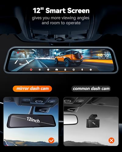 WOLFBOX G840S 12" 4K Mirror Dash Cam with 5.8GHz WiFi, 2160P Full HD Smart Rearview Mirror for Cars & Trucks, Front and Rear Dual Cameras, Night Vision, Reverse Assist, Included 32GB Card & GPS