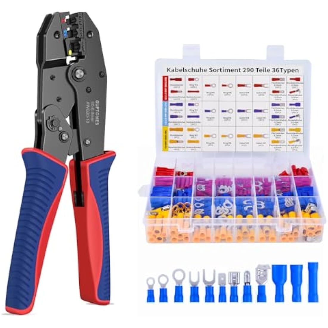 Insulated Wire Terminal Crimping Tool Kit, GUPTOMES 0.5-6mm² Ratchet Crimping Plier, Cable Lug Pliers Electrician Crimping Tool Set with 36 Type 290 Insulated Butt Bullet Spade Ring Crimp Connectors