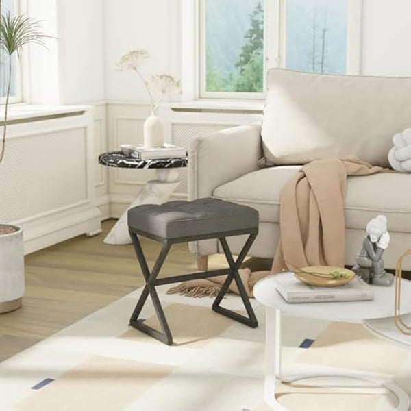 YMYNY Vanity Stool, Linen Footrest Stool, Square Ottoman Bench with X-Shaped Metal Legs, Makeup Dressing Stool for Vanity, Living Room, Bedroom, Entryway, Hallways 40×30×46CM Grey HBD033G