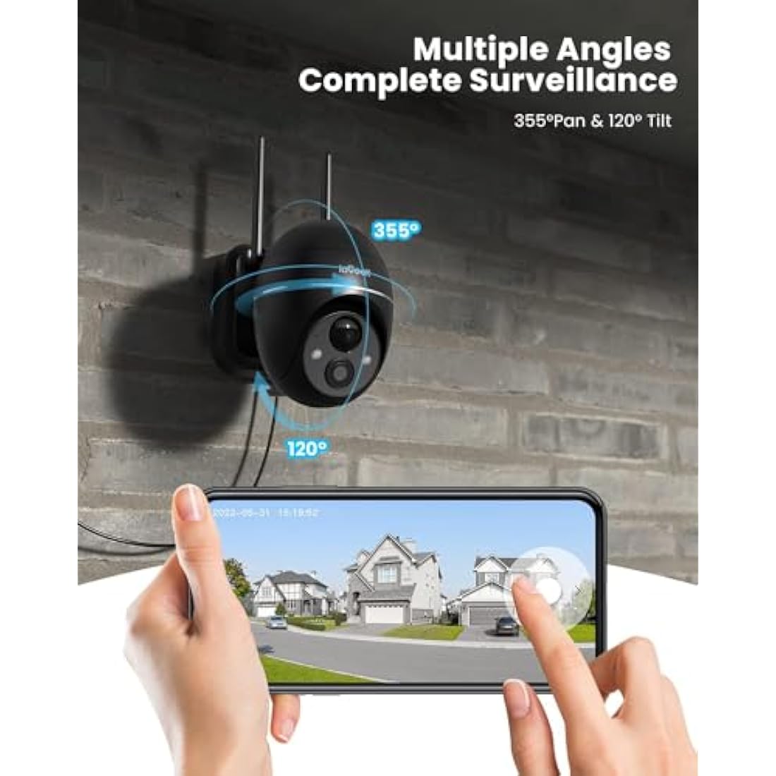 ieGeek 2K Wireless Solar Camera,360° Solar Security Camera Outdoor with 5200mAh Rechargeable Battery Powered,PTZ WiFi CCTV Camera Wireless Outdoor, Pan 355° Tilt 120,PIR Motion Detection