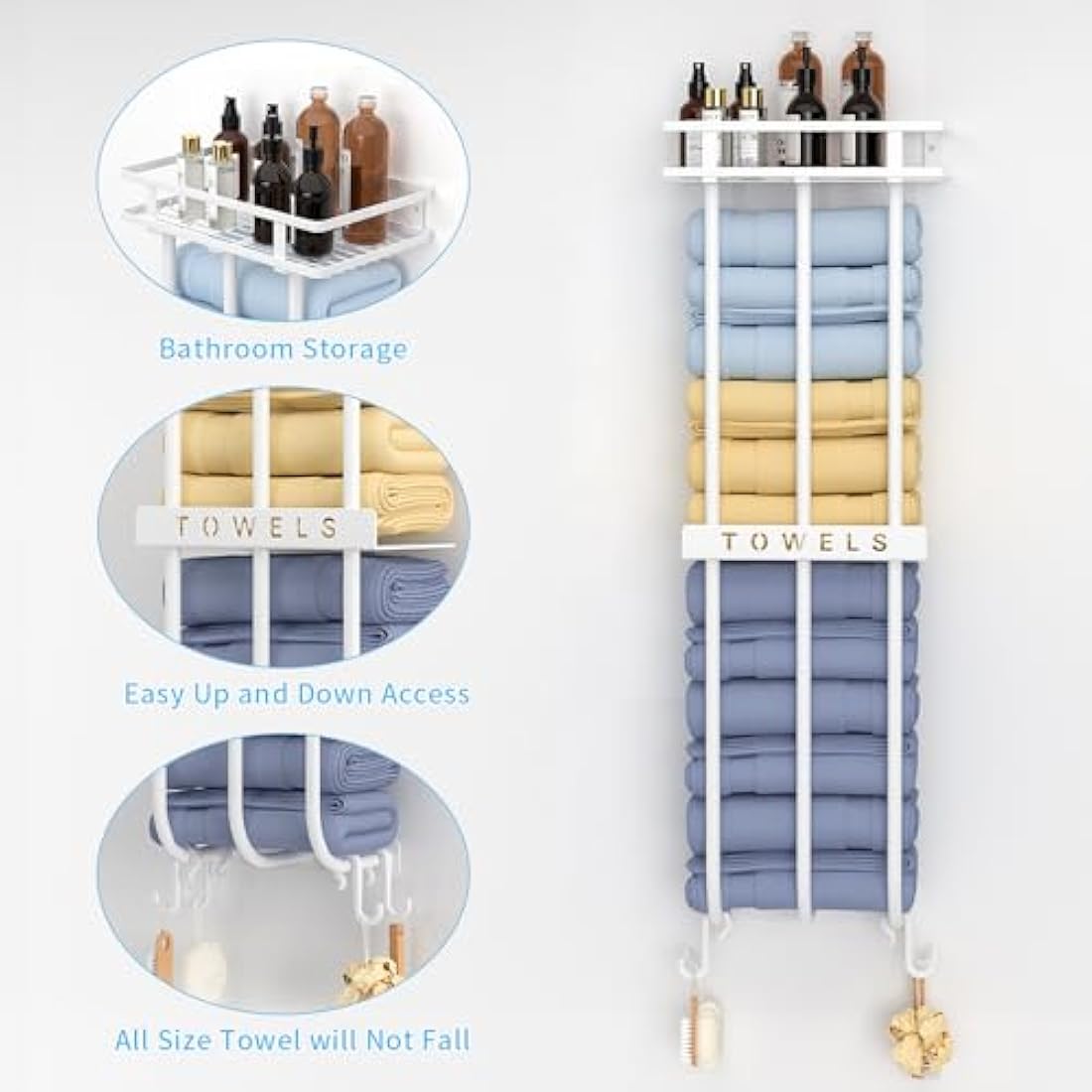 AIRUJIA Wall Mounted Towel Rack with Storage Shelf, Bathroom Towel Holder with 4 Hooks, White