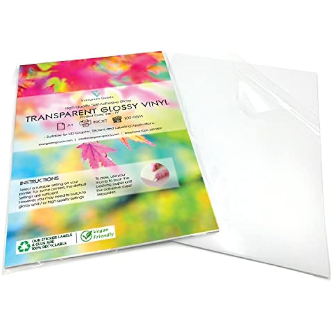 Evergreen Goods 100 Sheets A4 Transparent Sticker Paper Vinyl | Inkjet Printable Self Adhesive Glossy Clear Printable Vinyl Stickers for Creating Labels and Signs | Not Waterproof