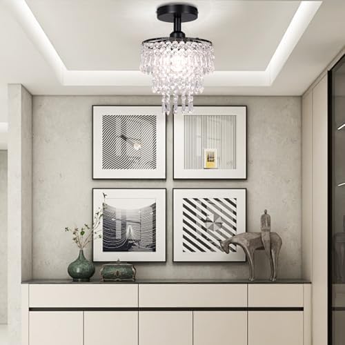 FRIXCHUR Mini Crystal Chandelier Ceiling Light Hallway Black Ceiling Lighting Fixture 3 Tiers Crystal Raindrop Flush Mount Chandeliers for Bedroom Kitchen Dining Room