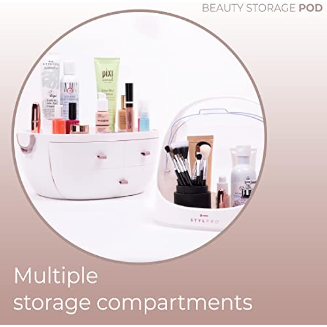 STYLPRO Beauty Storage Pod, Cosmetics & Skincare Organiser with 3 Drawers, Detachable Lid, Dustproof Cover & Travel Handle for Dresser, Bedroom, Bathroom & Home Organisation, White 31x27x40cm