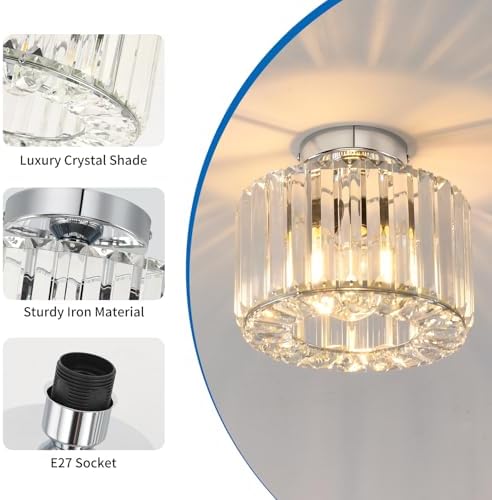 ANWIO Modern Crystal Ceiling Light, Chandeliers Ceiling,Semi Flush Light Fittings Ceilings,Hallway Ceiling Light for Bedroom Kitchen Bathroom,Silver Ceiling Light Shade(E27 Base,LAMP DIAM 21.5CM)