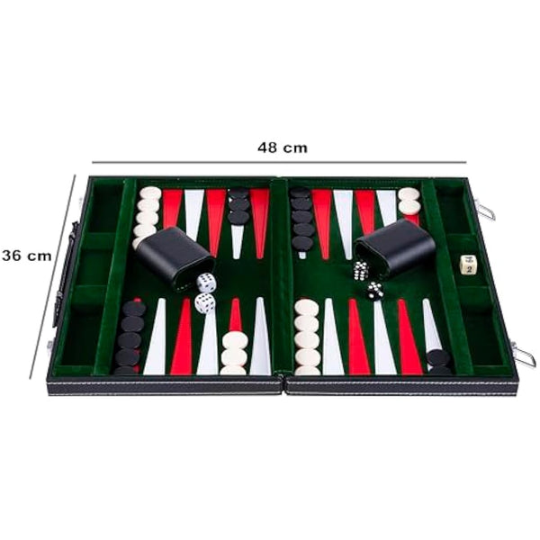 Engelhart- 250517 - Backgammon 15"- Open: 36 x 48 cm - inlaid velvet and stitching leatherette playing field in attache case