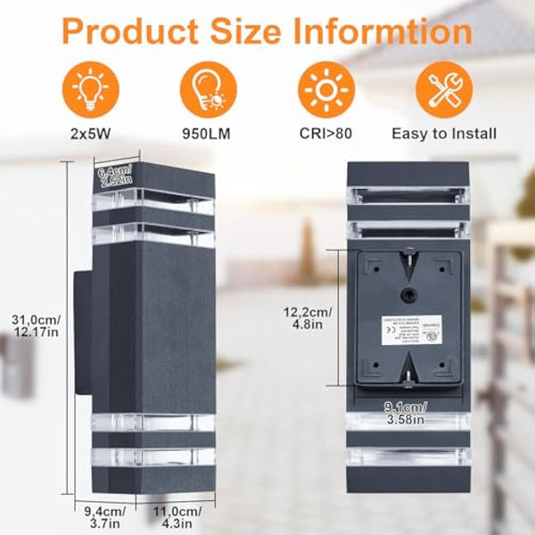 CELAVY Outdoor Wall Lights Mains Powered Outside Up Down Lights, IP65 Waterproof LED Porch Front Door Light, Square GU10 External Modern Lighting Exterior Electric Sconce Lamp for House, Grey