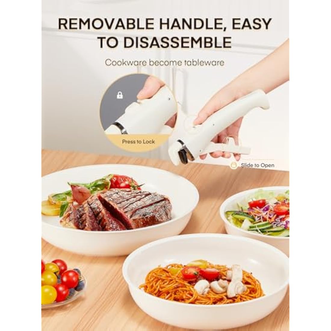 FOHERE Nonstick Frying Pan Set with Detachable Handle, 3PCS 20 24 28 CM Non Toxic Diamond Ceramic Pan, Oven Safe Skillets and Frying Pans, Compatible with All Stoves(Induction), Beige