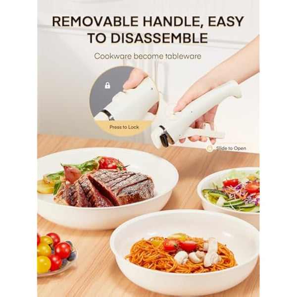 FOHERE Nonstick Frying Pan Set with Detachable Handle, 3PCS 20 24 28 CM Non Toxic Diamond Ceramic Pan, Oven Safe Skillets and Frying Pans, Compatible with All Stoves(Induction), Beige