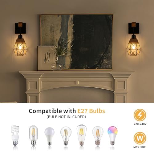 FORCOSO Wall Lights Indoor 2-Pack, Vintage Wood Wall Lamp Black, E27 Sconce Lights, Industrial Lights Fittings, Rustic Rope Lighting Fixtures Living Room Bedrooms Hallway