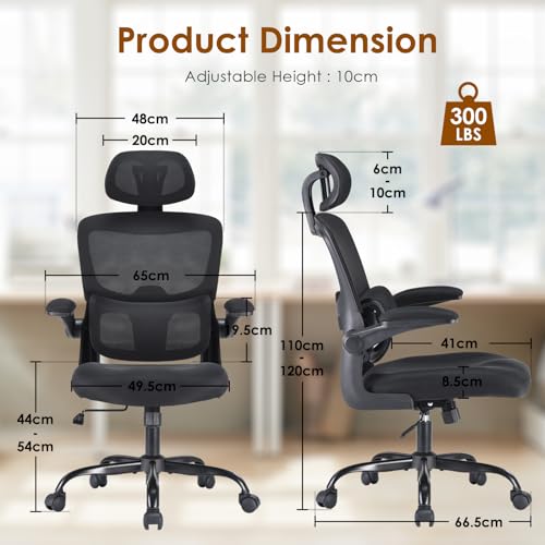 Farini Office Desk Chair with Flip-Up Armrest, High Back Ergonomic Computer Chair with Adjustable Headrest and Lumbar Support for Home and Office