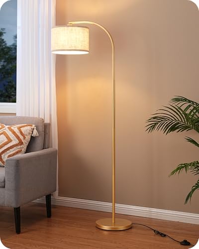 EDISHINE LED Floor Lamp, 63" Standing Lamp with Adjustable Linen Shade, Gold Metal Arc Light Pole, Modern Simple Floor Lamps for Living Room, Lounge, E27 Socket