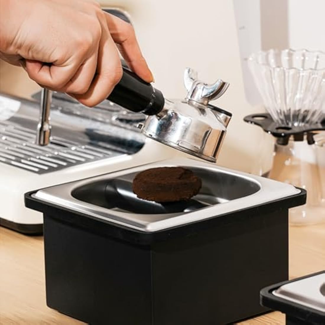 Gocoffun Espresso Coffee Knock Box, Stainless Steel Coffee Pucks Container, with Noise Reduction Rubber Ring,Silicone Bar for Knocking Portafilter Filter Grinds