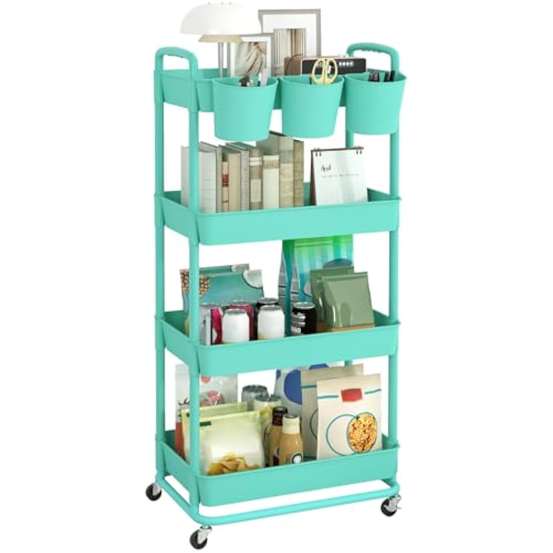 JIUYOTREE 4-Tier Plastic Rolling Storage Cart Utility Cart with Extra Hanging Cups Handles Lockable Wheels for Living Room Bathroom Kitchen Office Green