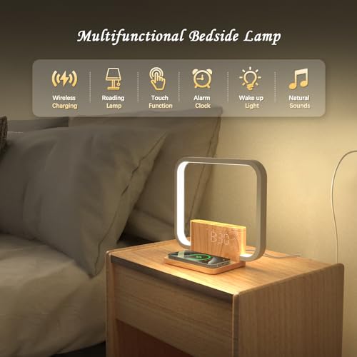 INSSISAIN Bedside Lamp with 10W Wireless Charger, Wake up Light with Snooze Digital Clock, 10 Soothing Nature Sounds and 3 Level Brightness Touch Lamp