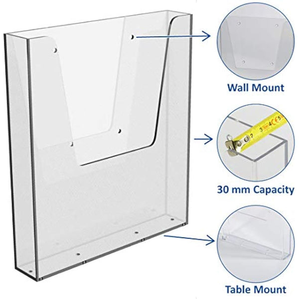 Europel Wall Mounted Brochure Holder | for A4 Size | Crystal Clear Acrylic Literature Stand & Dispenser | Booklet, Flyer & Menu Display & Dispenser for Office, Restaurants & Reception | Portrait