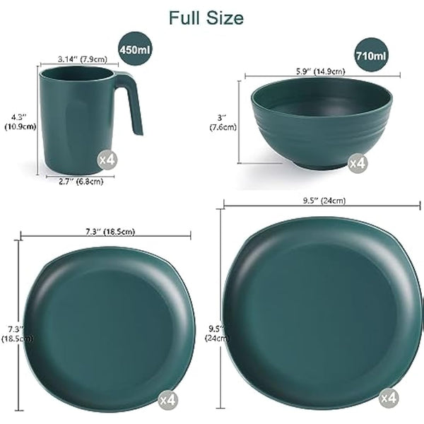 Greentainer Unbreakable Plastic Dinnerware Sets, 16 pcs Lightweight Camping Tableware Set, Microwave & Dishwasher Safe Plates Set, Bowls, Cups Mugs, Service for 4, Great for Kids & Adults - Green