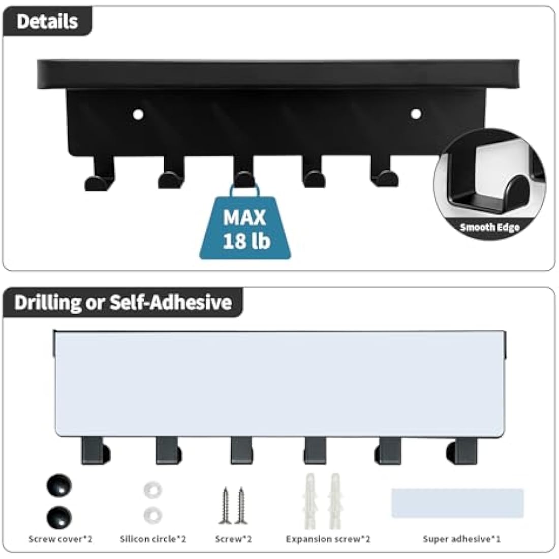 GTK Key Holder with Tray and 6 Hooks for Hallway, Key Rack with Shelf for Mail Storage (Black)