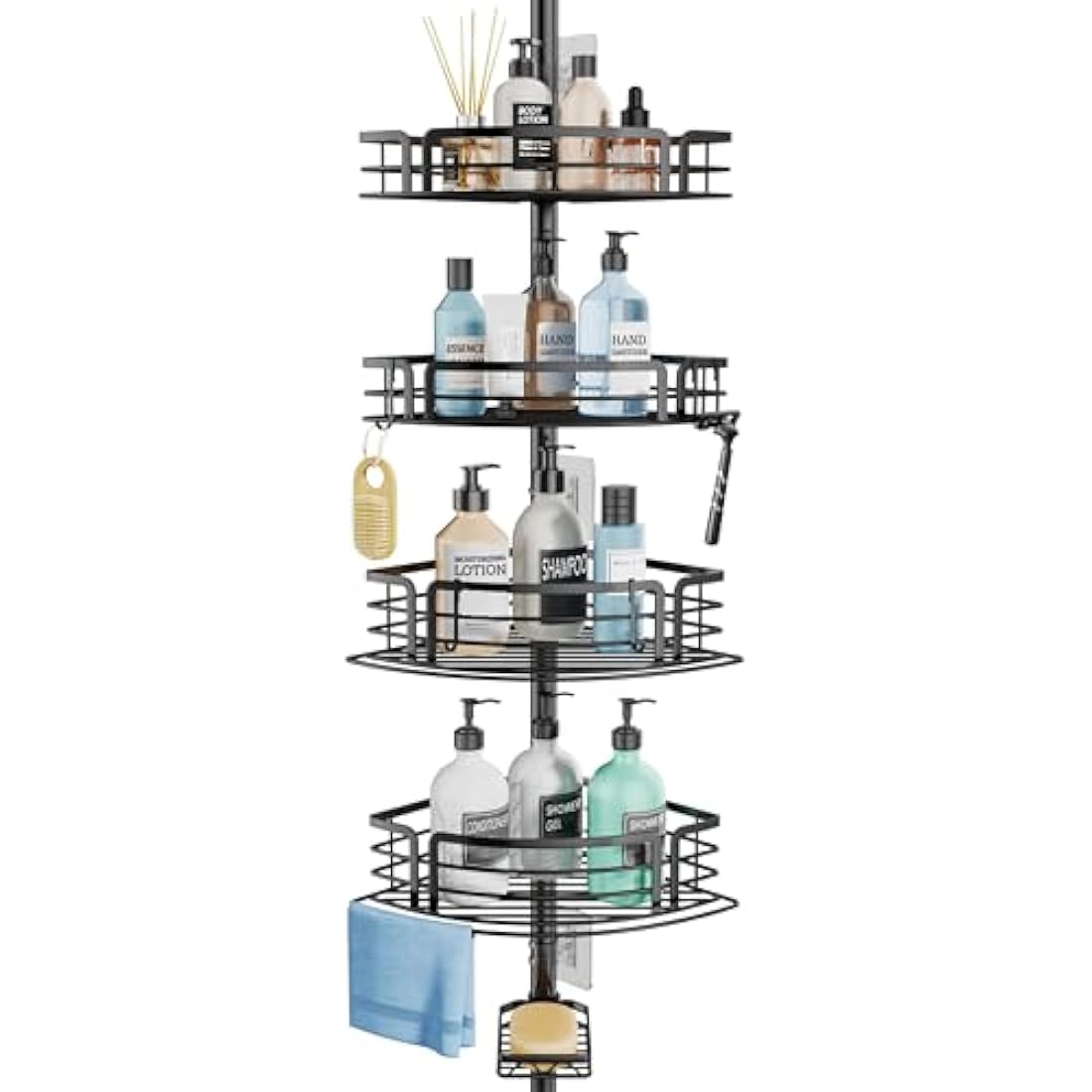 SWTYMIKI Telescopic Shower Caddy Corner - Rustproof Shower Corner Shelves with Towel Bar & Soap Holder, Adjustable No Drilling Organizer for Bathroom Storage With 4 Baskets,27.6-108.3 inch, Black