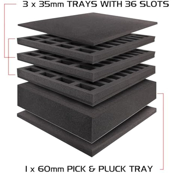 ENHANCE Portable Miniature Figure Storage and Carrying Case, 4 Foam Layers fits 108 Infantry Minis and Pick and Pluck - Book Sleeve and 2 Accessory Pockets for Measuring Tape, Dice and More