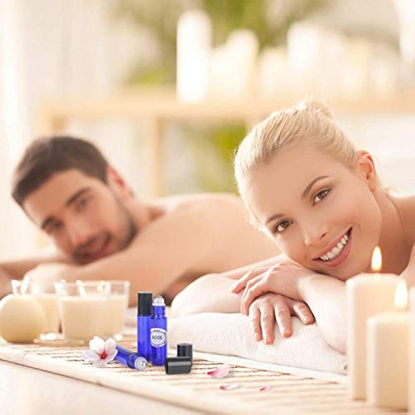 Alledomain 8Pcs 10ml Essential Oils Roller Bottles, Refillable Cobalt Blue Glass Roll on Bottles with Stainless Steel Balls, Include 12 Labels, 1 Dropper & Opener, Perfect for Aromatherapy