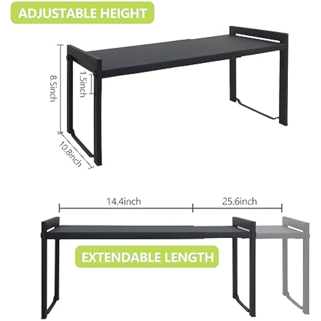 Goodsnetic Expandable Cabinet Shelf 13.8~26"(L), Stackable Kitchen Counter Organizer, 33LBS Heavy Duty Riser, Countertop Storage Pantry shelf, Durable Metal Sink Shelf (Black L)